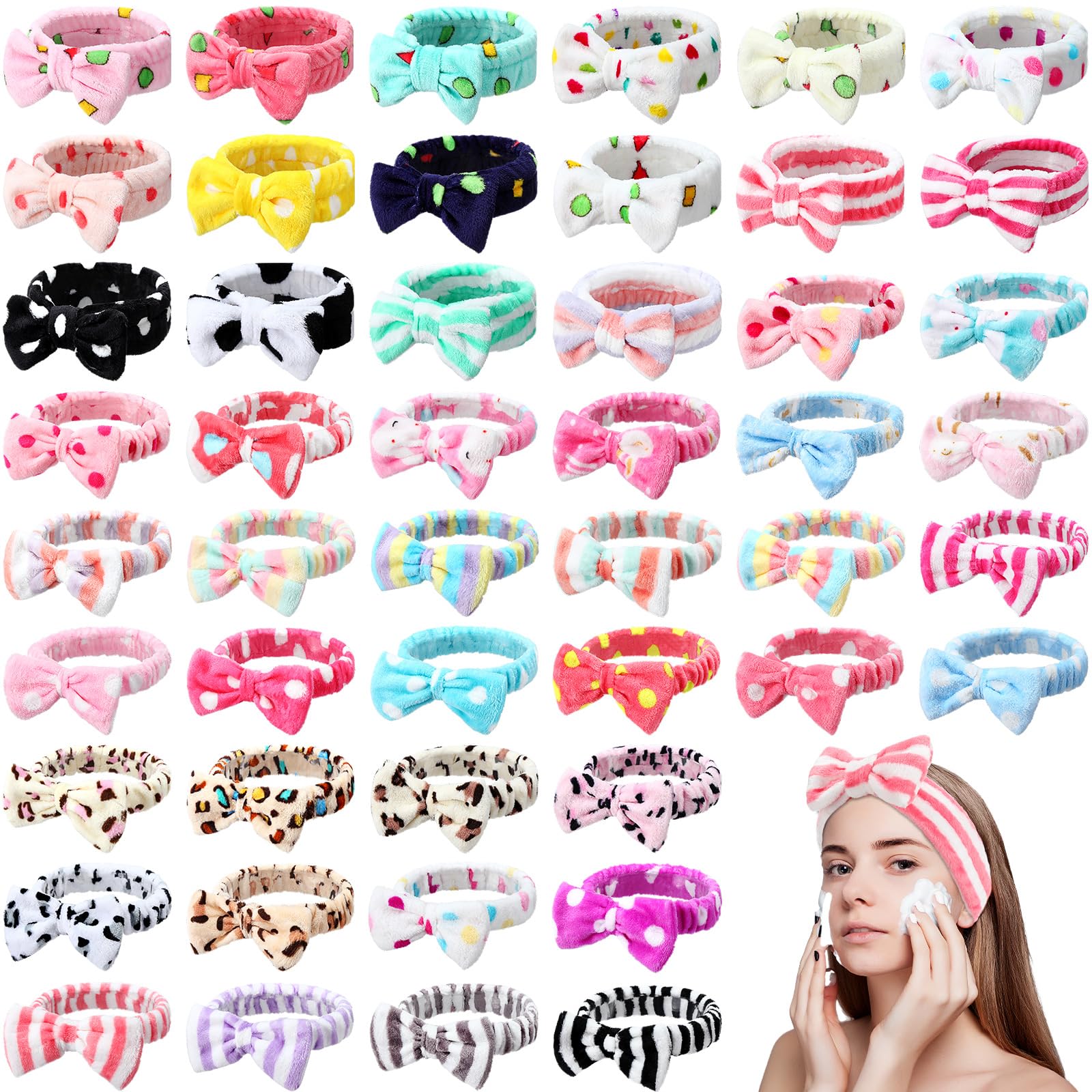 Giegxin 48 Pieces Spa Headband Bulk Bow Hair Band Facial Makeup Headbands Fluffy Plush Headband for Women Washing Face Spa Shower Cleansing (Novel Pattern)