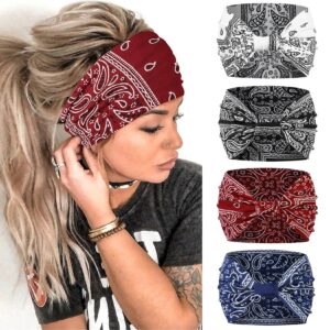 Huachi Bnanda Headbands for Women Black Paisley Printed Head Wraps Wide Summer Boho Head Bands for Women's Hair Thick Hairbands African Knotted Non Slip Turban Yoga Girls Hair Accessories, 4 Packs