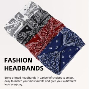 Huachi Bnanda Headbands for Women Black Paisley Printed Head Wraps Wide Summer Boho Head Bands for Women's Hair Thick Hairbands African Knotted Non Slip Turban Yoga Girls Hair Accessories, 4 Packs