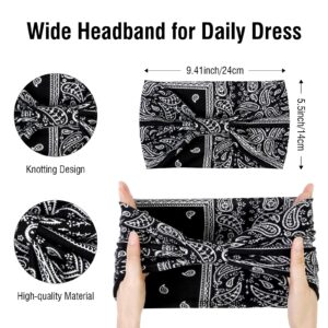 Huachi Bnanda Headbands for Women Black Paisley Printed Head Wraps Wide Summer Boho Head Bands for Women's Hair Thick Hairbands African Knotted Non Slip Turban Yoga Girls Hair Accessories, 4 Packs