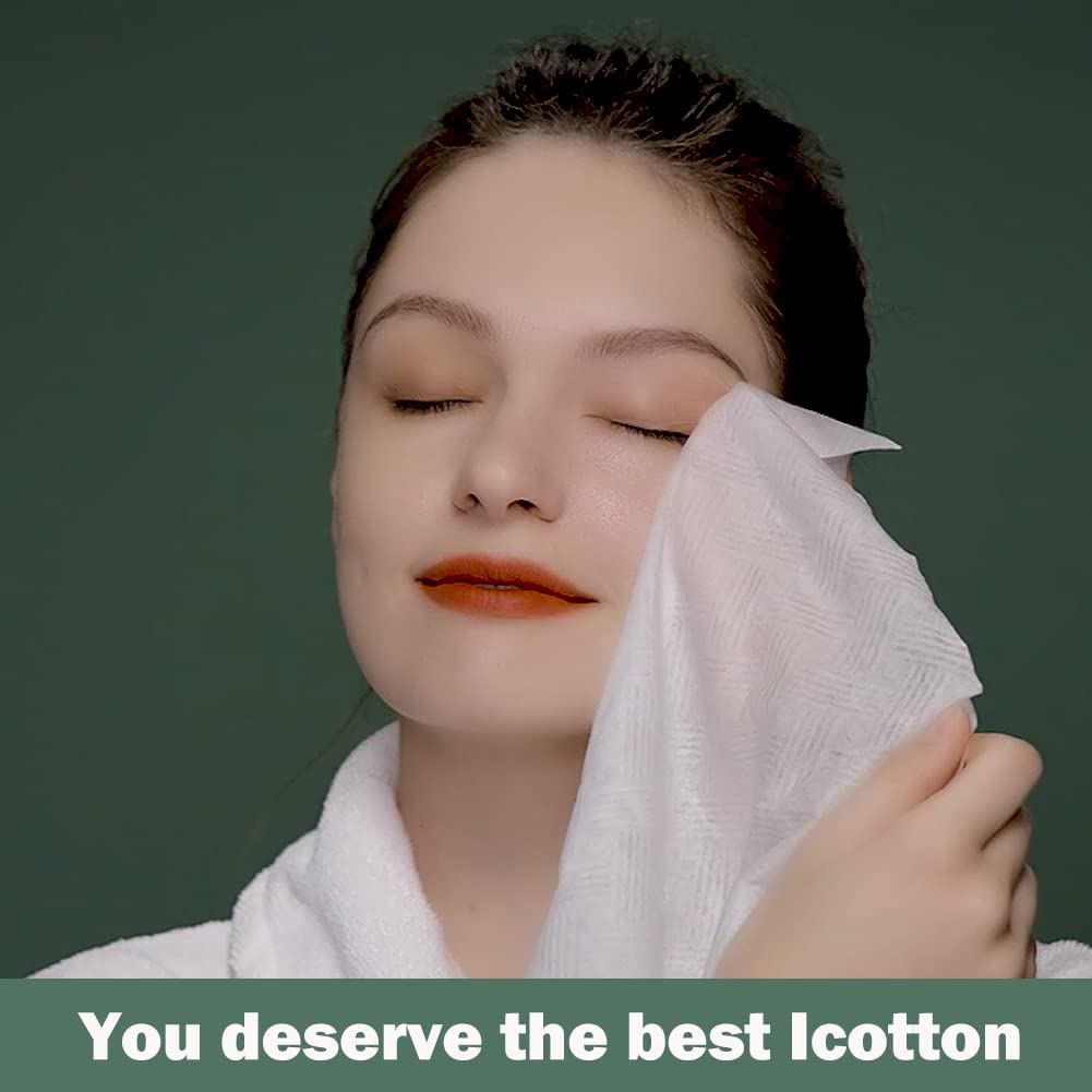 ICOTTON 2 in 1 Disposable Face Towel-100%Cotton Clean Towels for Daytime and Nighttime Use, Large Size Biodegradable Facial Cleansing Towelette Single Use Face Towel for Sensitive Skin Makeup Removing