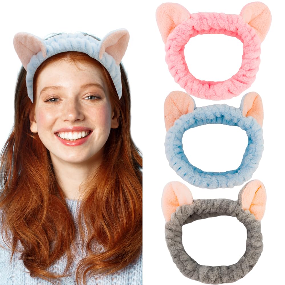 ANBALA Spa Headband for Washing Face Bunny Ears Headband Cute Animal Ear Headbands for Women Facial Headbands for Skincare Makeup Cosplay Microfiber Puffy Headbands (Pink, Gray, Blue)