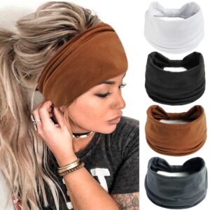 fulztey wide headbands for women neutral head band extra soft hairbands elastic yoga workout hair wraps white turban thick knotted bandanas trendy hair accessories for adult teenager 4pcs