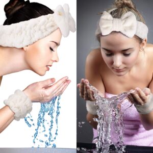 4 Pieces Spa Headband Wrist Washband Scrunchies Cuffs for Washing Face, Towel Wristbands Hair Headband Face Wash Wristband for Women Girls Makeup Prevent Liquids from Spilling Down Your Arms (White)