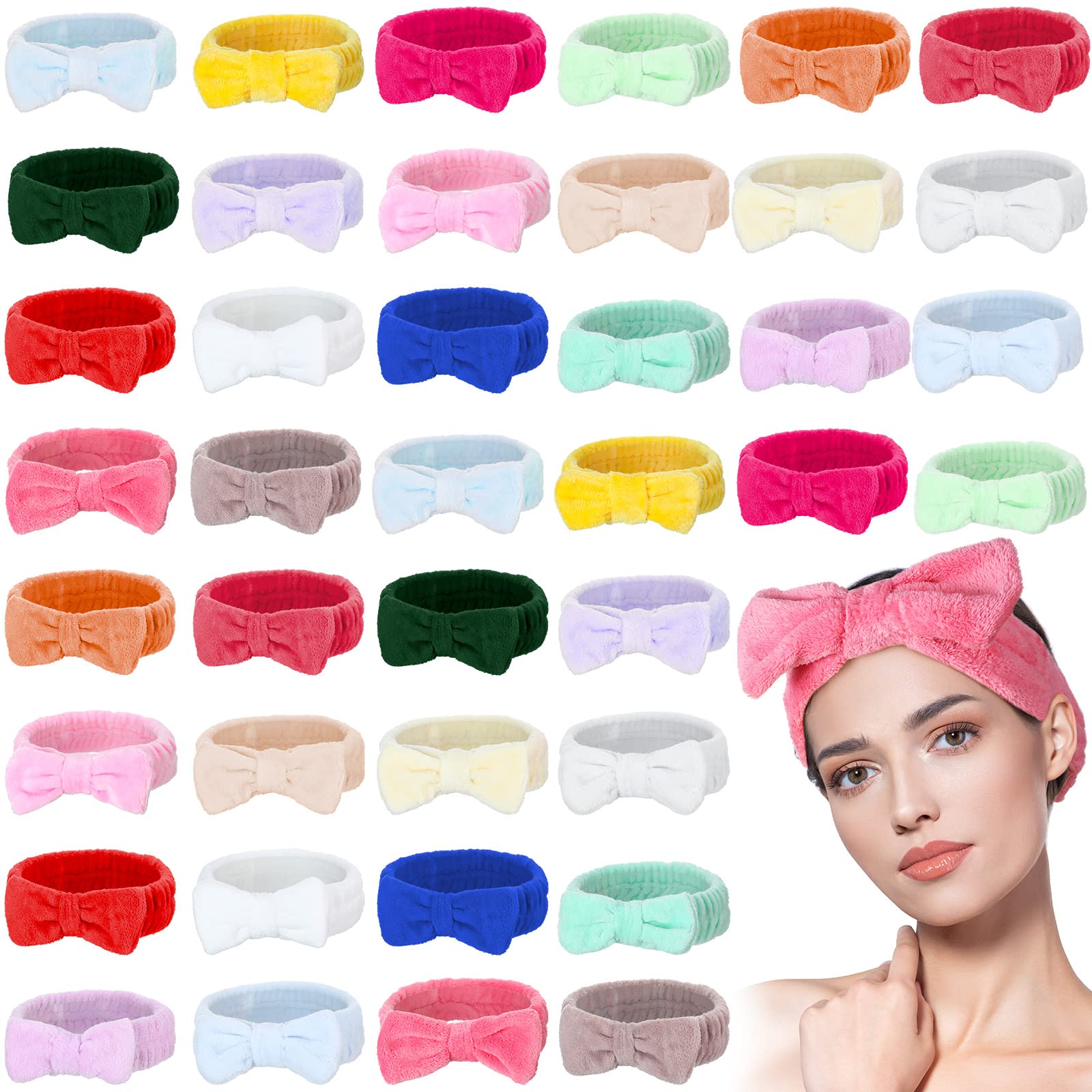 Yinder 40 Pack Bow Spa Headband Coral Fleece Makeup Headband Soft Face Wash Headband Cosmetic Skin Care Headbands Facial Head Wraps Cute Bow Head Bands for Women Girls Shower Supplies (Pure Style)