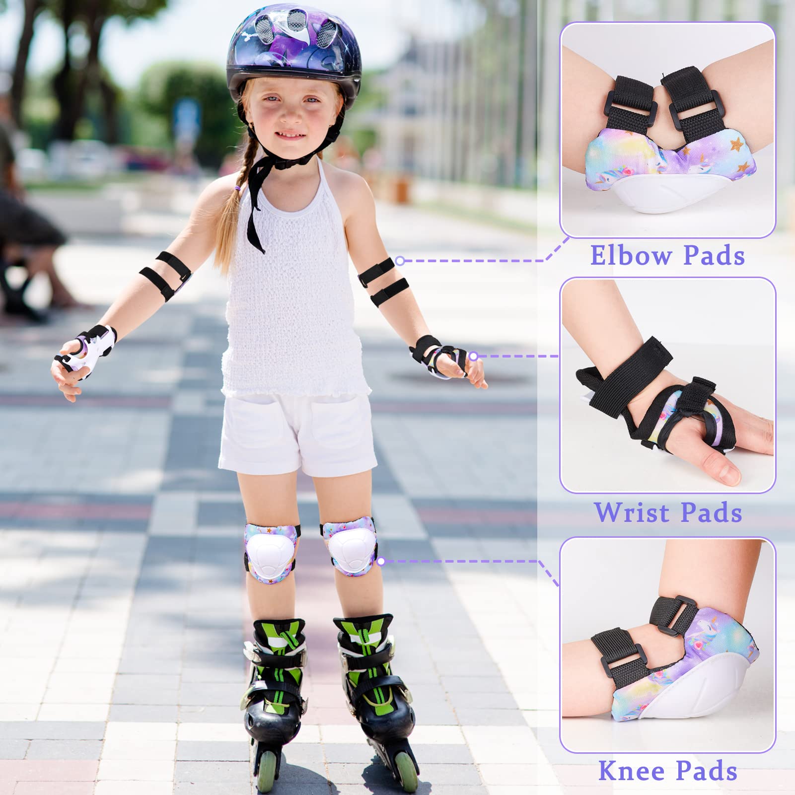 Bienbee Knee Pads for Kids, 7pcs Unicorn Kids Knee Pads and Elbow Pads Set Wrist Guards for Girls Boys Protective Gear Set with Bag for Roller Skating Inline Skates Skateboard Cycling Yellow Pink