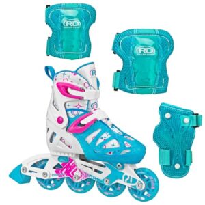 roller derby tracer girl’s adjustable inline skates with protective gear, adjustable sizing, tri-pack protective gear included