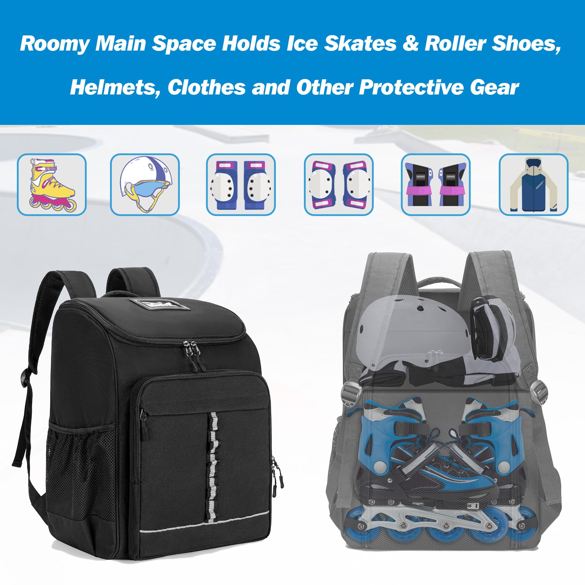 GOBUROS Roller Skate Bag Fits Shoes Up to US Mens 13, Ice Skate Backpack with Top Helmet Pocket, Roller Skating Bag with Adjustable Padded Shoulder Strap for Skates Gear