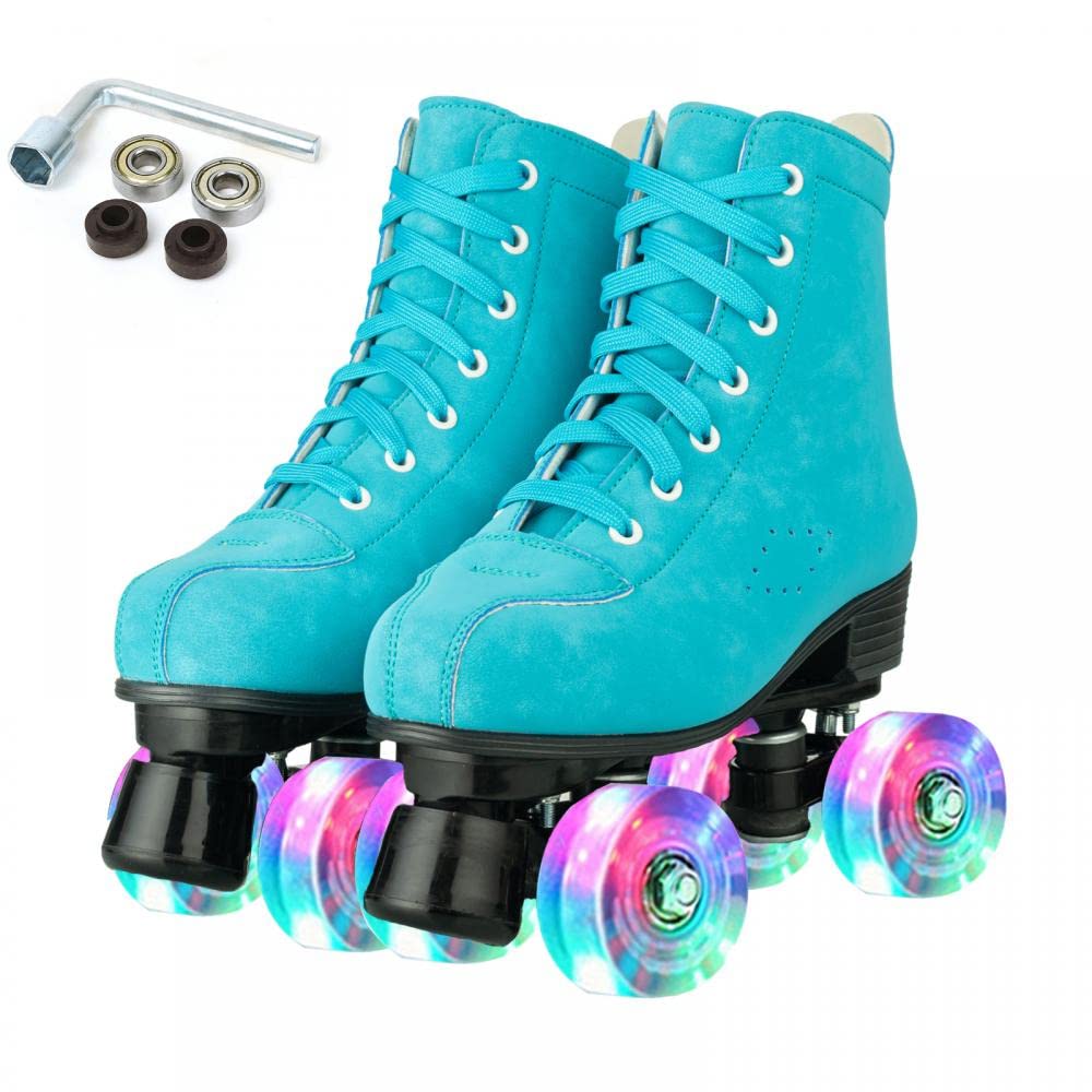 YYW Women Roller Skates High Top Girls Double Row Shiny Roller Derby Skates Four Wheel Unisex PU Classic Skates for Beginner Outdoor (Lake Blue Flashing Wheel,34-8.85in - Women's 5.5 / Men's 4)