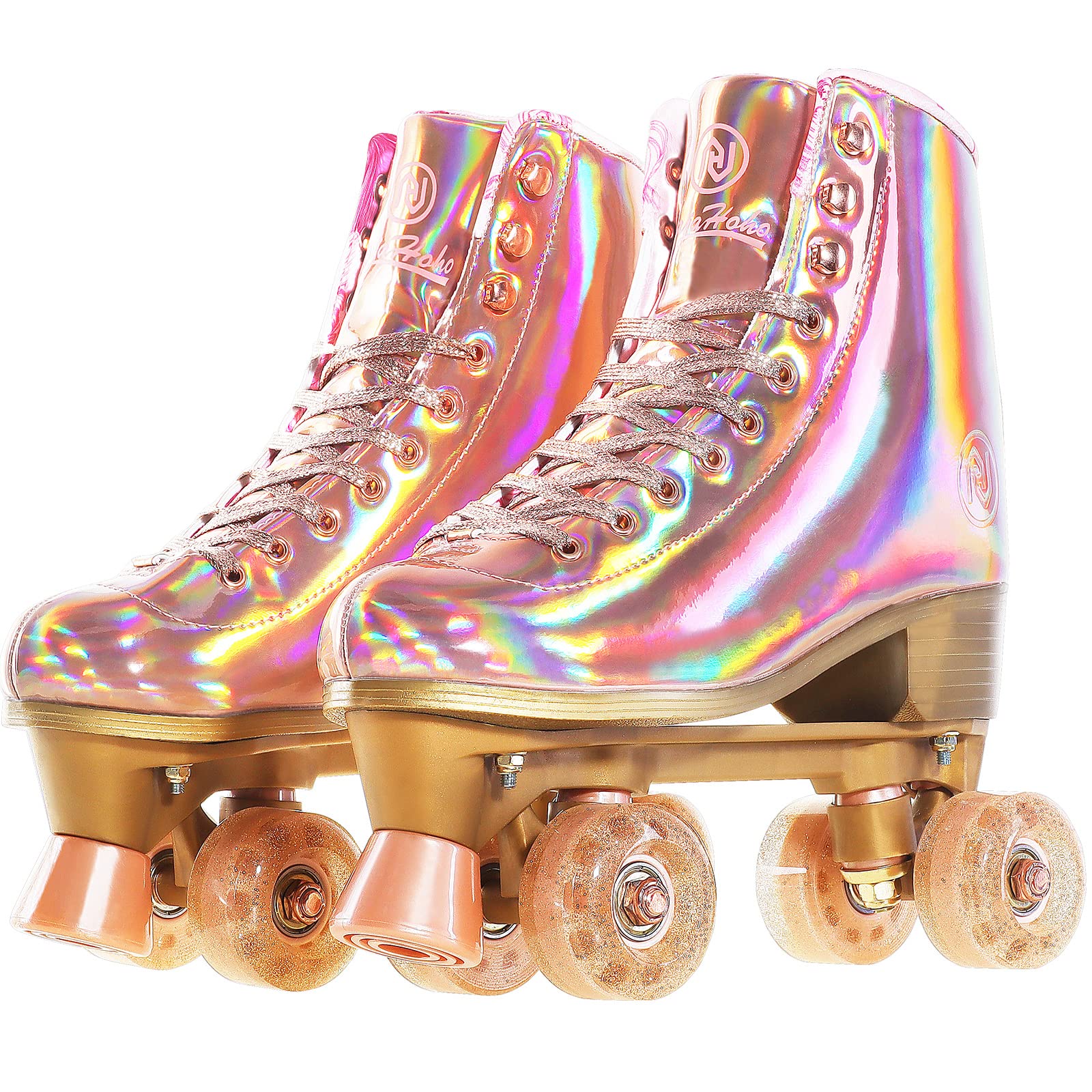 JajaHoho Roller Skates for Women, Holographic High Top PU Leather Rollerskates, Shiny Double-Row Four pink glitter Wheels Quad Skates for Girls and Age 8-50 Indoor Outdoor (Size 4, Rose Gold)