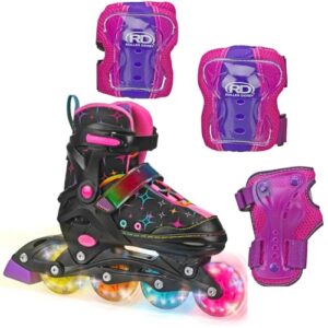 roller derby stryde youth adjustable inline lighted wheel skates with protective gear, adjustable sizing, tri-pack protective gear included