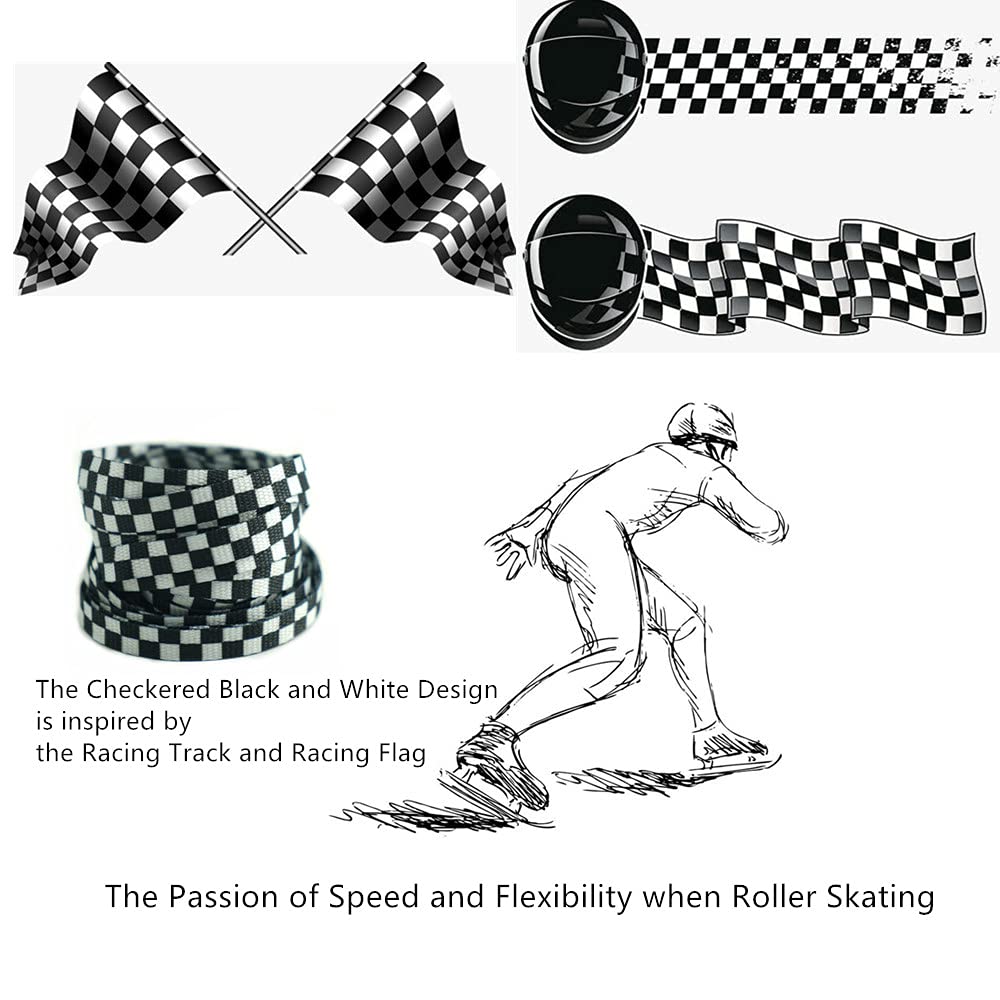 DECKER Flat Wide 10mm Shoelaces 2 Pairs Black White Checkered Lace for Roller Skates Hockey Skates Boots and Regular Shoes (Checkered Black White, 72"(183 cm))