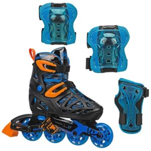 roller derby tracer boy’s adjustable inline skates with protective gear, adjustable sizing, tri-pack protective gear included