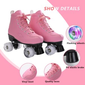 Perzcare Roller Skate Shoes for Women&Men Classic PU Leather High-top Double-Row Roller Skates for Beginner, Professional Indoor Outdoor Four-Wheel Shiny Roller Skates for Girls Unisex