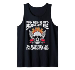 rink rash is red bruises are blue flat track roller derby tank top