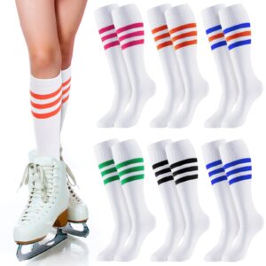 Shihanee 6 Pairs Roller Skate Socks Athletic Knee Skating Sport Socks Striped Tube Sock for Girls Youth Kids Easter Christmas(White, 7-12 Year)