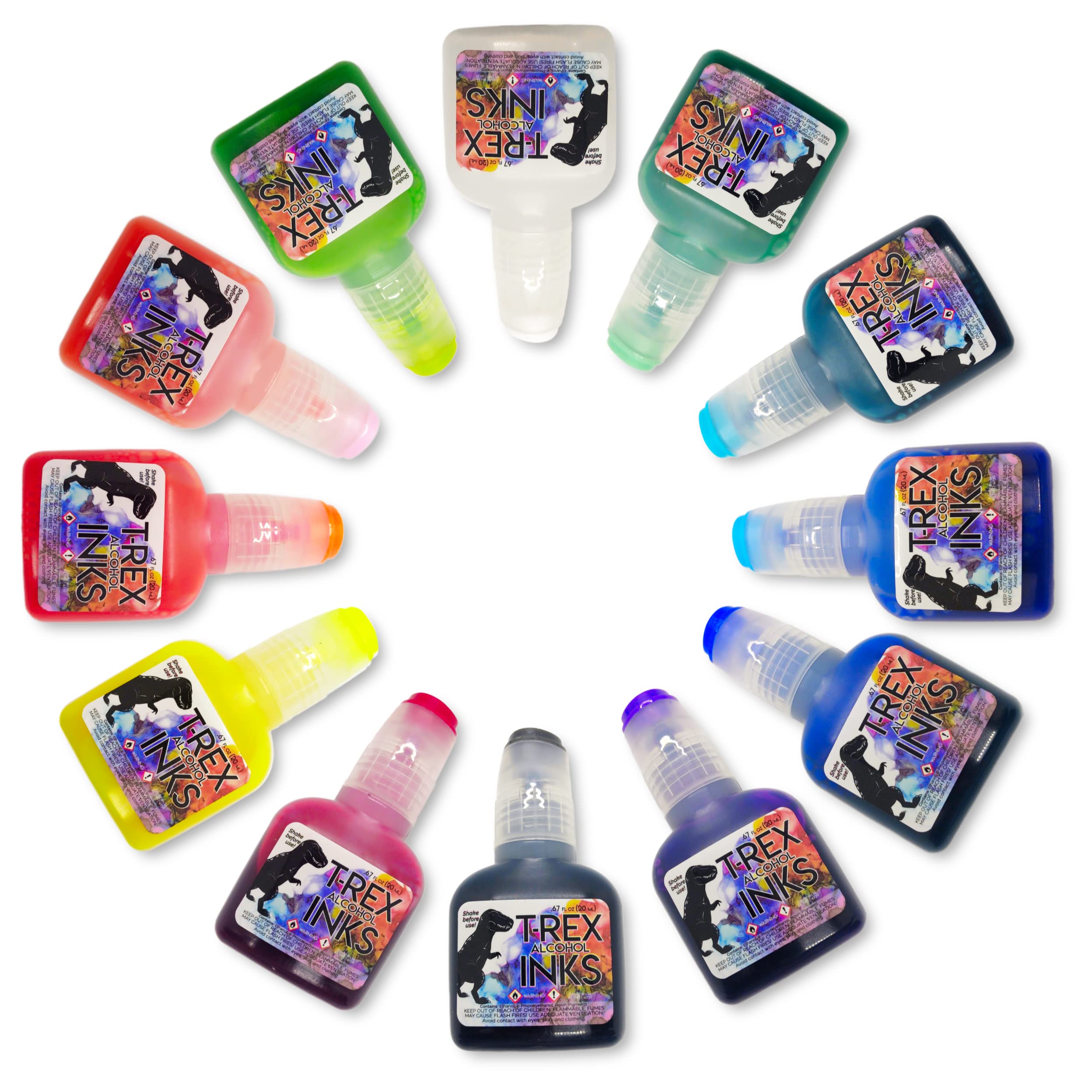 T-Rex Inks Starlight Shimmer Sparkling Alcohol Ink 12 Bottle Set - Glitter Alcohol Ink for Epoxy Resin Dye, Painting, Tumbler Making & More - Includes Shimmering Clear Blender - 20ml Bottles