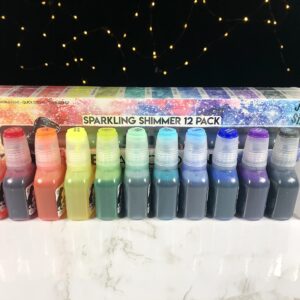 T-Rex Inks Starlight Shimmer Sparkling Alcohol Ink 12 Bottle Set - Glitter Alcohol Ink for Epoxy Resin Dye, Painting, Tumbler Making & More - Includes Shimmering Clear Blender - 20ml Bottles