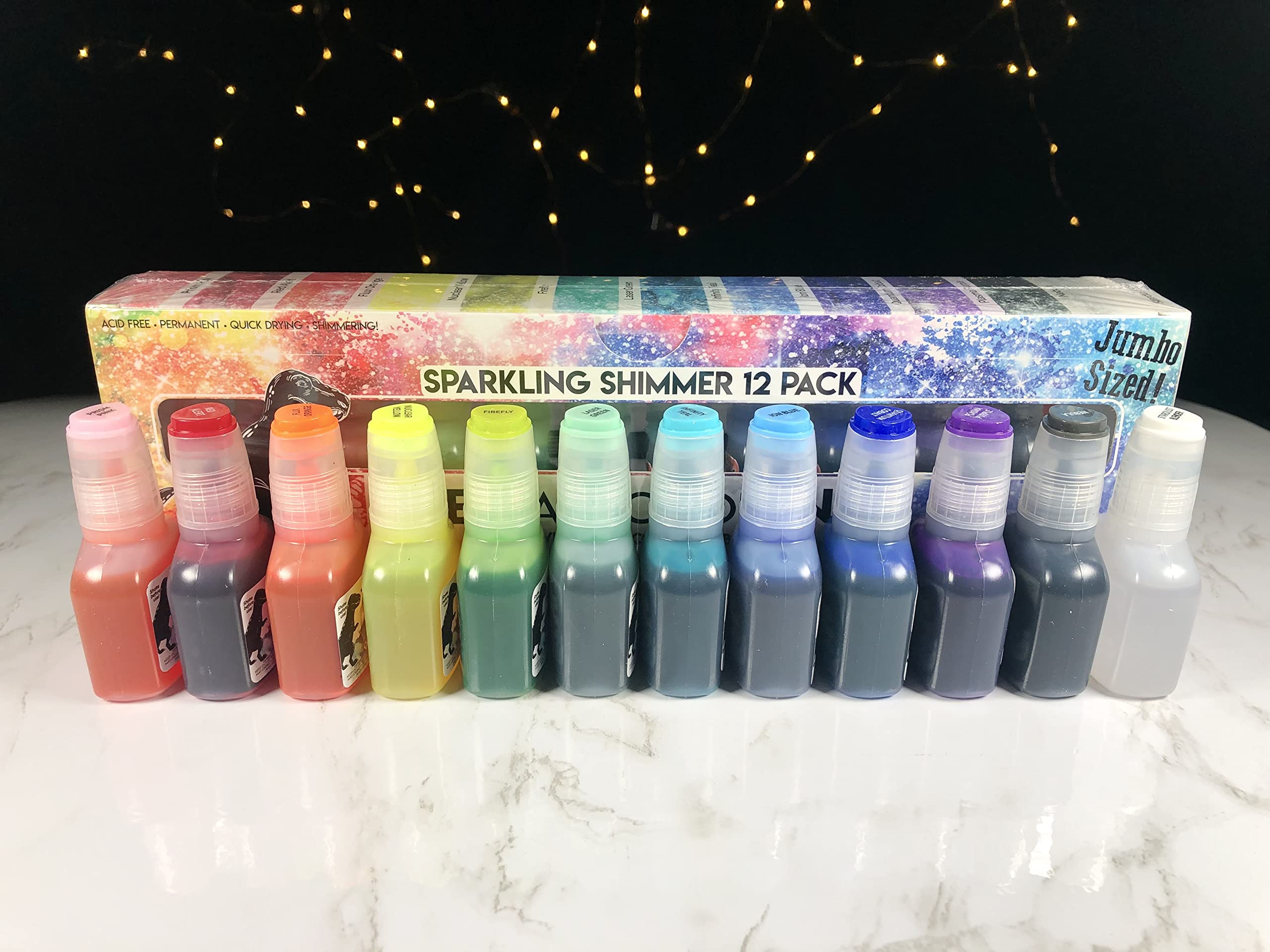 T-Rex Inks Starlight Shimmer Sparkling Alcohol Ink 12 Bottle Set - Glitter Alcohol Ink for Epoxy Resin Dye, Painting, Tumbler Making & More - Includes Shimmering Clear Blender - 20ml Bottles