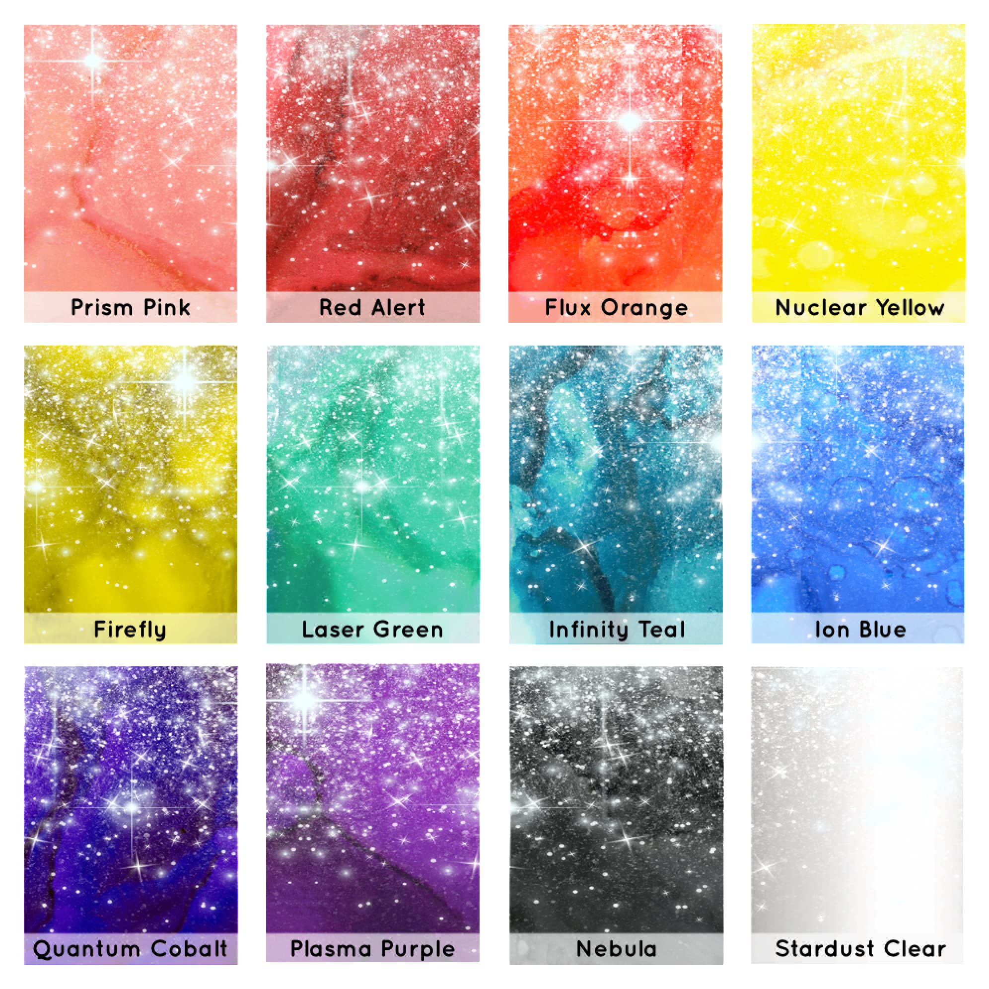 T-Rex Inks Starlight Shimmer Sparkling Alcohol Ink 12 Bottle Set - Glitter Alcohol Ink for Epoxy Resin Dye, Painting, Tumbler Making & More - Includes Shimmering Clear Blender - 20ml Bottles