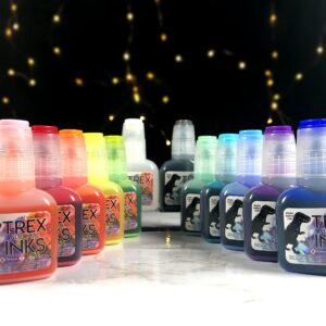 T-Rex Inks Starlight Shimmer Sparkling Alcohol Ink 12 Bottle Set - Glitter Alcohol Ink for Epoxy Resin Dye, Painting, Tumbler Making & More - Includes Shimmering Clear Blender - 20ml Bottles