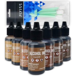 brown alcohol inks set | tim holtz alcohol inks shades of brown 7-pack | teakwood, espresso, latte, ginger, caramel, sepia, butterscotch | 10 pixiss alcohol ink blending tools