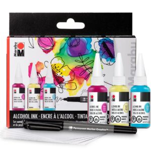 Marabu Alcohol Ink Starter Kit - 3 Color Alcohol Ink Set with Alcohol Ink Paper and Permanent Marker - Magenta, Lemon, Caribbean Alcohol Ink for Epoxy Resin, Tumbler Making, and Painting