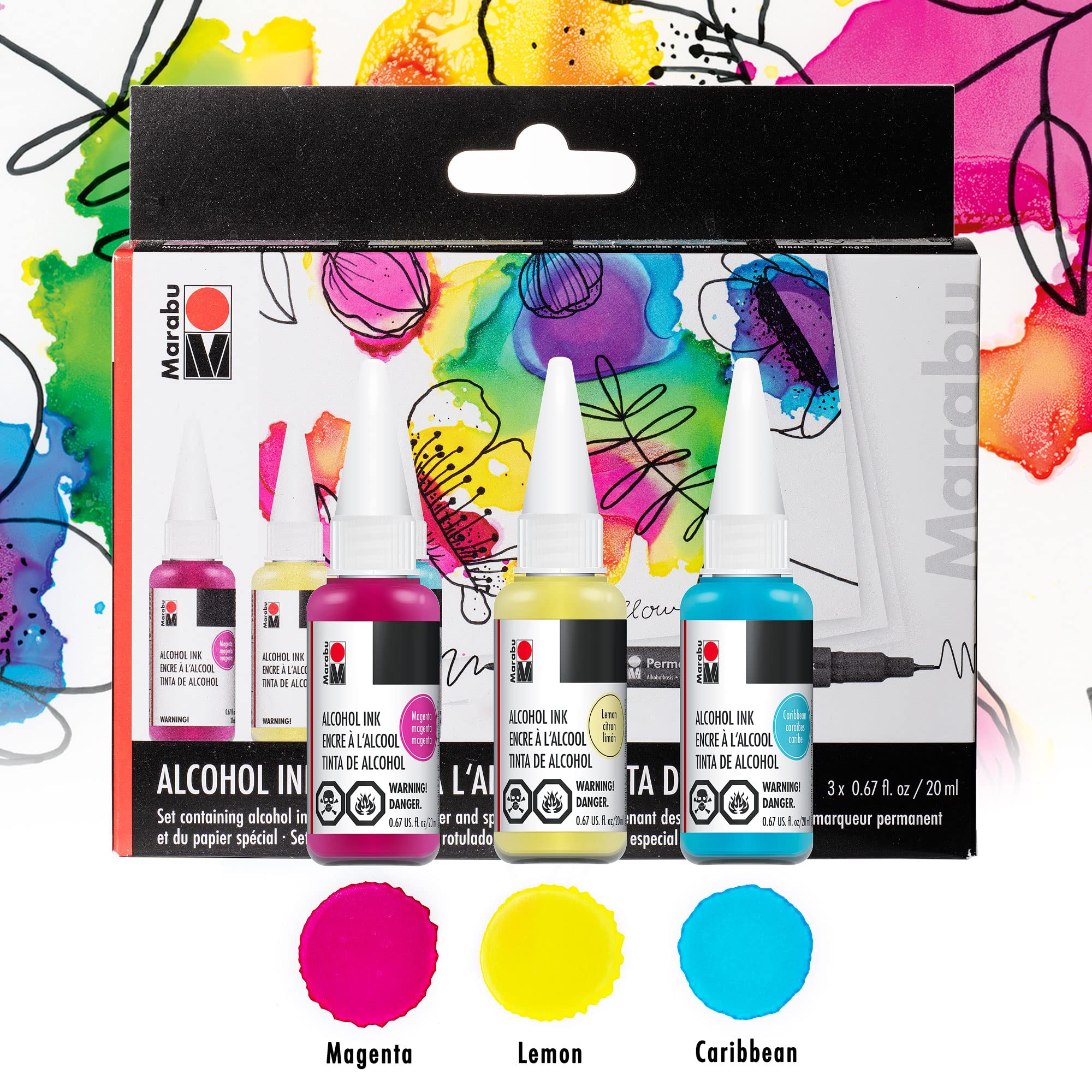 Marabu Alcohol Ink Starter Kit - 3 Color Alcohol Ink Set with Alcohol Ink Paper and Permanent Marker - Magenta, Lemon, Caribbean Alcohol Ink for Epoxy Resin, Tumbler Making, and Painting