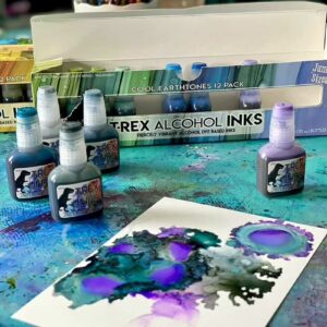 T-Rex Inks Premium Alcohol Inks Cool Earth Set- 12 Cool Tone Colors - Alcohol Ink for Epoxy Resin Dye, Painting, Tumbler Making & More - Includes Storage Box & Metallic Silver Ink - 20ml Bottles