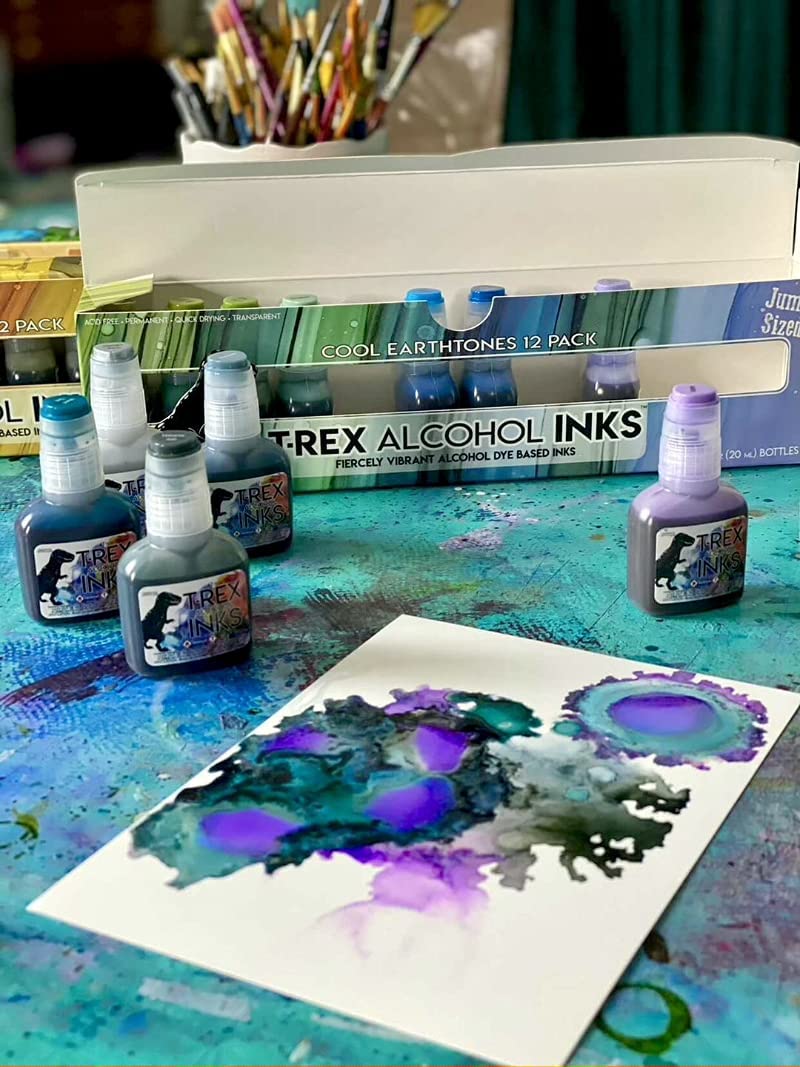 T-Rex Inks Premium Alcohol Inks Cool Earth Set- 12 Cool Tone Colors - Alcohol Ink for Epoxy Resin Dye, Painting, Tumbler Making & More - Includes Storage Box & Metallic Silver Ink - 20ml Bottles