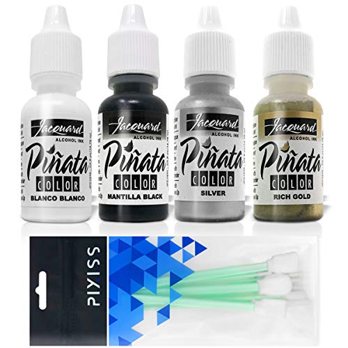 Jacquard Pinata Alcohol Inks 4 Pack Bundle, Blanco, Silver, Rich Gold, Mantilla Black and 10x Pixiss Ink Blending Tools