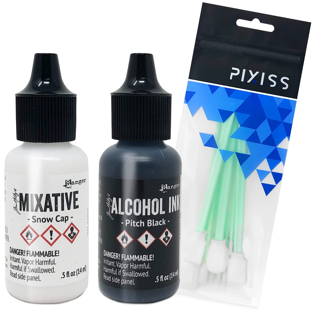 Black and White Alcohol Ink Set | Tim Holtz Ranger .5oz Snow Cap and Pitch Black Alcohol Ink with Pixiss Alcohol Ink Blending Tools