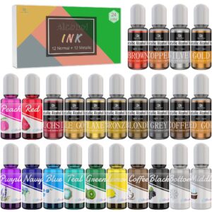 24 Alcohol Ink Set - 12 Metal Color with 12 Vibrant Color Alcohol-Based Ink for Epoxy Resin Art, Painting, Resin Petri Dish Making - Alcohol Paint Color Dye for Yupo, DIY Tumbler - 10ml/.35oz Each