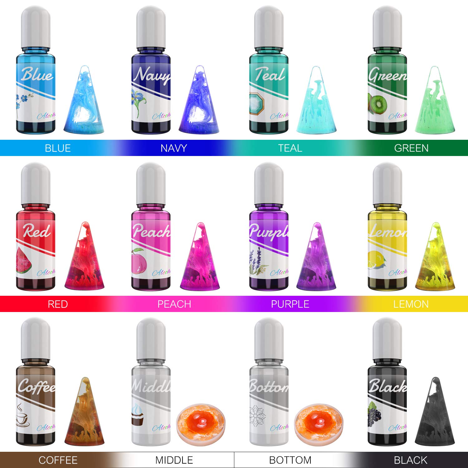 24 Alcohol Ink Set - 12 Metal Color with 12 Vibrant Color Alcohol-Based Ink for Epoxy Resin Art, Painting, Resin Petri Dish Making - Alcohol Paint Color Dye for Yupo, DIY Tumbler - 10ml/.35oz Each