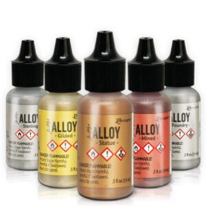 Alcohol Ink Alloys Complete Metallic Set | Ranger Tim Holtz Brand | Colors Include Gilded, Mined, Foundry, Statue, Sterling | 10 Pixiss Alcohol Ink Blending Tools