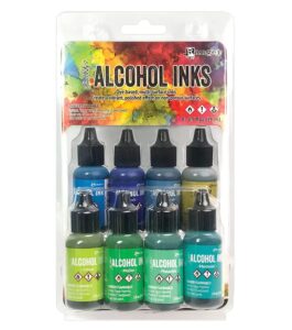 ranger tim holtz alcohol inks 8 pc blues / greens alloy gilded dye based, multi-surface inks