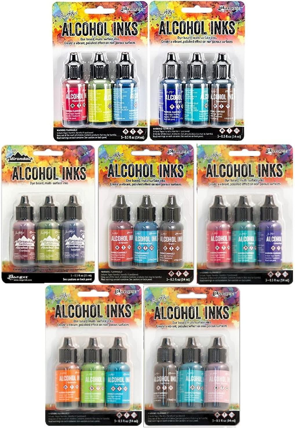 Tim Holtz Adirondack Alcohol Inks - 7 Packages - 21 Ink Bottles total Dockside Picnic, Summit View, Retro Cafe, Nature Walk, Cabin Cupboard, Mariners, Farmer's Market