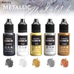 Metallic Alcohol Ink Set - 5 Metal Color Alcohol-Based Inks for Epoxy Resin Art - Concentrated Shimmer Alcohol Paint Color Dye for Resin - 4 Ounce White Alcohol Ink - Pixiss Alcohol Ink Blower