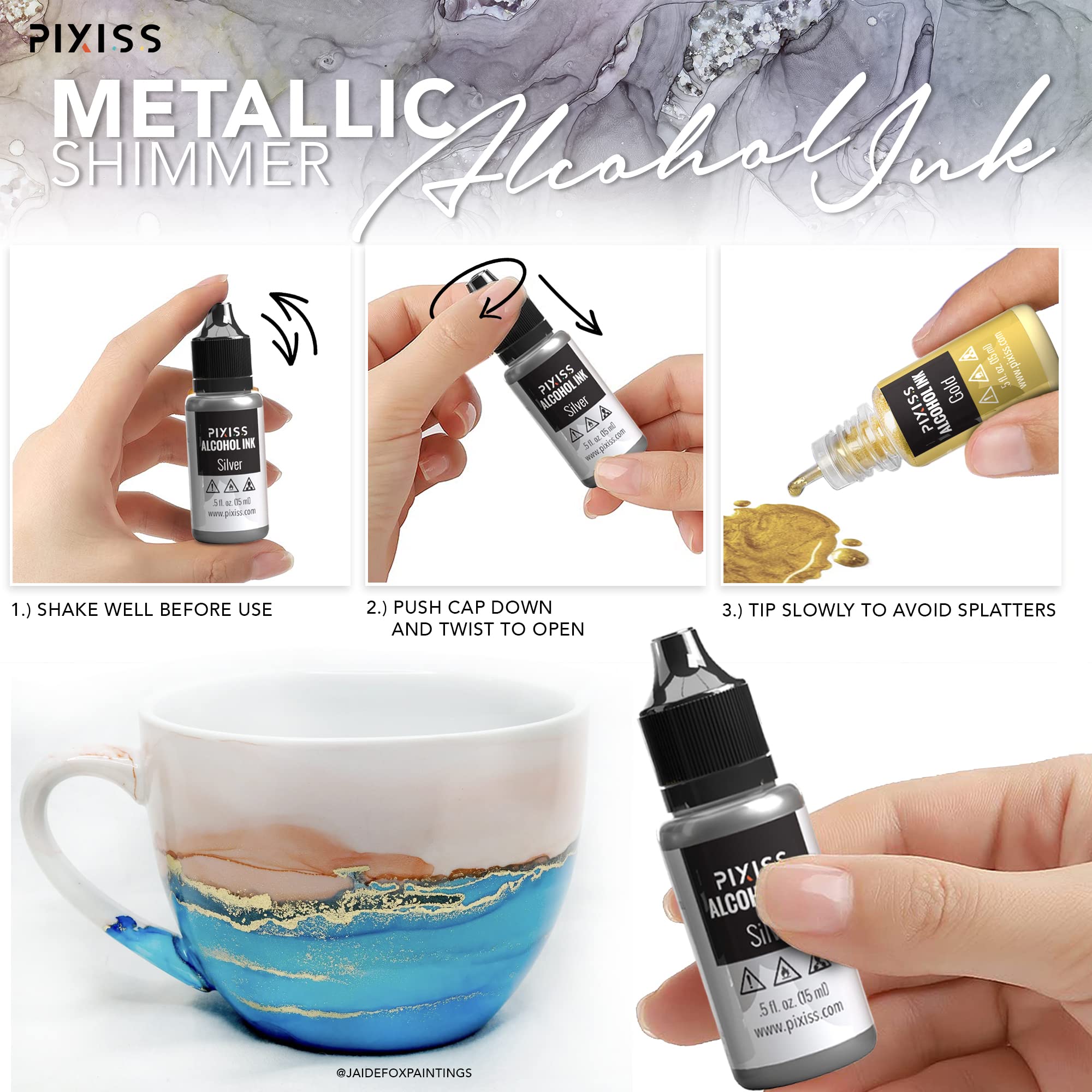 Metallic Alcohol Ink Set - 5 Metal Color Alcohol-Based Inks for Epoxy Resin Art - Concentrated Shimmer Alcohol Paint Color Dye for Resin - 4 Ounce White Alcohol Ink - Pixiss Alcohol Ink Blower