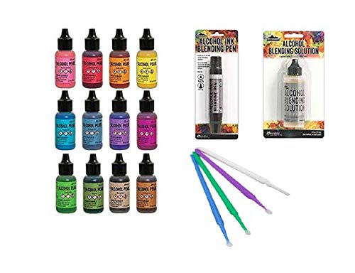 Ranger Tim Holtz Adirondack Alcohol Ink Pearl Set Bundle All 12 Pearls Blending Solution and Pen and Purple Turtle Blending Stick Tools for Use On Yupo Paper, Colorful Cardstock, Resin Tint and More!