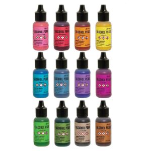 Ranger Tim Holtz Alcohol Pearls Complete Set Bundle (All 12 Colors), Ranger Tim Holtz Alcohol Ink Mixatives (All 7 Colors), 10 Pixiss Precision Ink Blending Tools