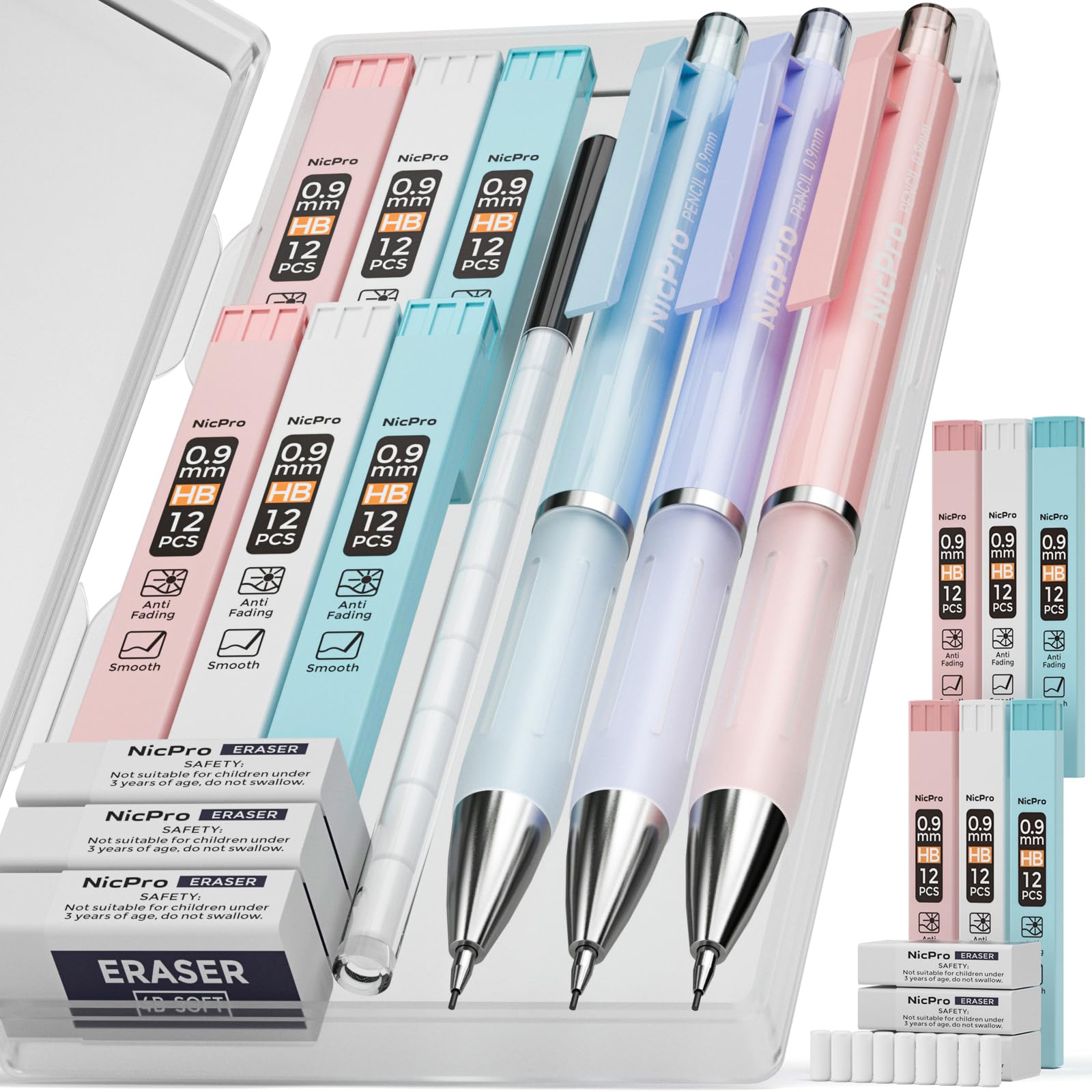 Nicpro 3PCS Pastel Mechanical Pencil Set, 0.9 Mechanical Pencil with 6 Tubes HB Lead 0.9mm, 3PCS Eraser & 9PCS Eraser Refill, Cute School Supplies for Writing, Sketching, Drafting-With Case