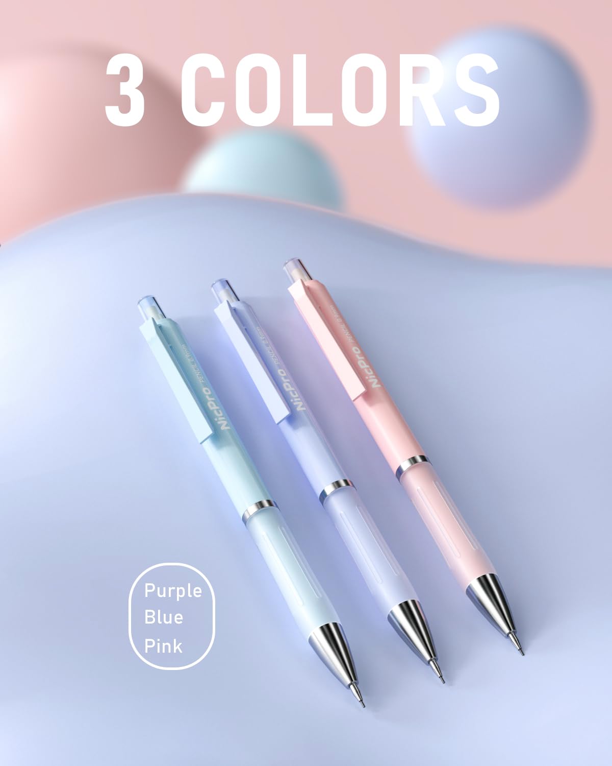 Nicpro 3PCS Pastel Mechanical Pencil Set, 0.9 Mechanical Pencil with 6 Tubes HB Lead 0.9mm, 3PCS Eraser & 9PCS Eraser Refill, Cute School Supplies for Writing, Sketching, Drafting-With Case