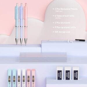 Nicpro 3PCS Pastel Mechanical Pencil Set, 0.9 Mechanical Pencil with 6 Tubes HB Lead 0.9mm, 3PCS Eraser & 9PCS Eraser Refill, Cute School Supplies for Writing, Sketching, Drafting-With Case