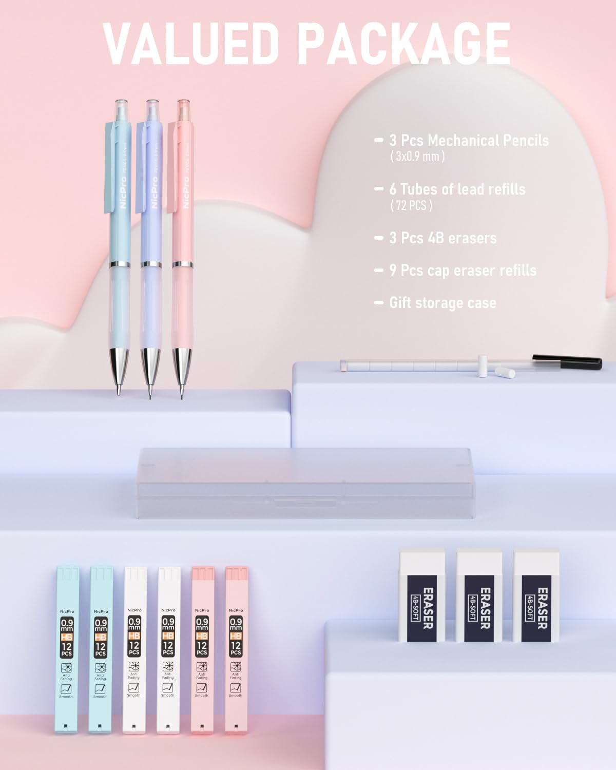 Nicpro 3PCS Pastel Mechanical Pencil Set, 0.9 Mechanical Pencil with 6 Tubes HB Lead 0.9mm, 3PCS Eraser & 9PCS Eraser Refill, Cute School Supplies for Writing, Sketching, Drafting-With Case