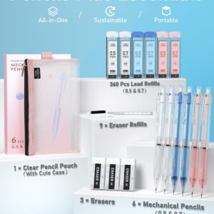 Four Candies Mechanical Pencil Set with Case, 6PCS Aesthetic Mechanical Pencils 0.5 & 0.7mm with 360PCS HB Lead Refills, 3PCS Erasers, 9PCS Eraser Refills for writing, drawing and sketching