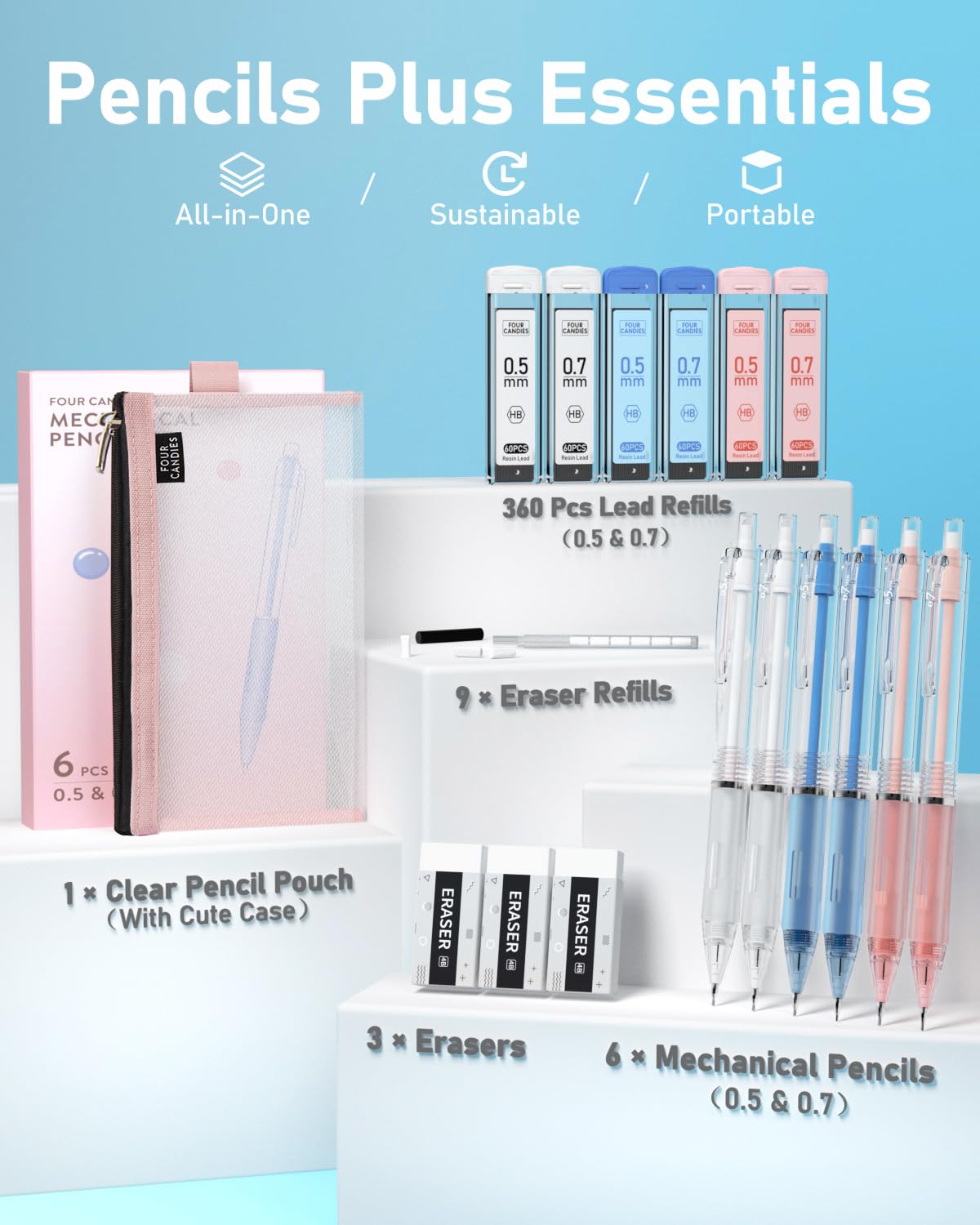 Four Candies Mechanical Pencil Set with Case, 6PCS Aesthetic Mechanical Pencils 0.5 & 0.7mm with 360PCS HB Lead Refills, 3PCS Erasers, 9PCS Eraser Refills for writing, drawing and sketching