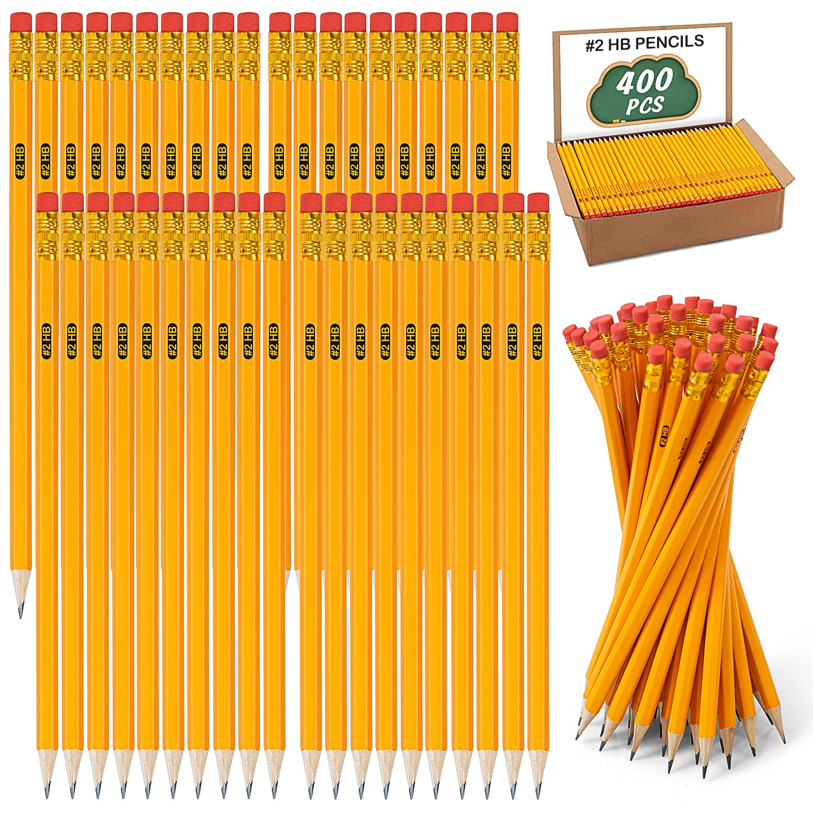 IKAYAS 400 Pack #2 HB Pencils Bulk Yellow Sharpened Pencils #2 with Erasers for Kids, 2 Pre-sharpened pencils number 2 pencils for classroom office Supplies, Writing, Drawing and Sketching