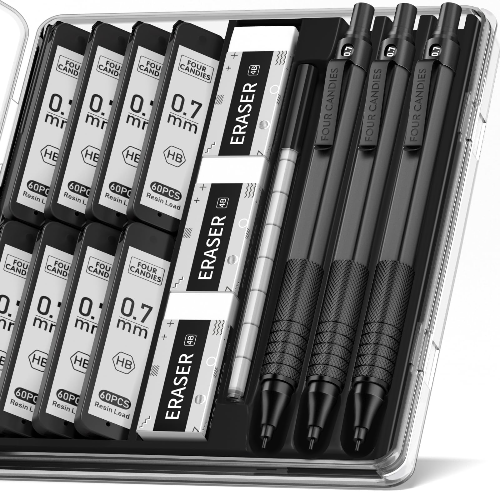 Four Candies Mechanical Graphite Pencil Set, 3pcs Black Metal Pencils with Anti-Skid Grip, Ideal for Artists, Professionals, Teachers and Students