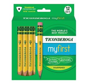 ticonderoga my first short triangular wood-cased pencils, 2 hb soft, with erasers, yellow, 12 count